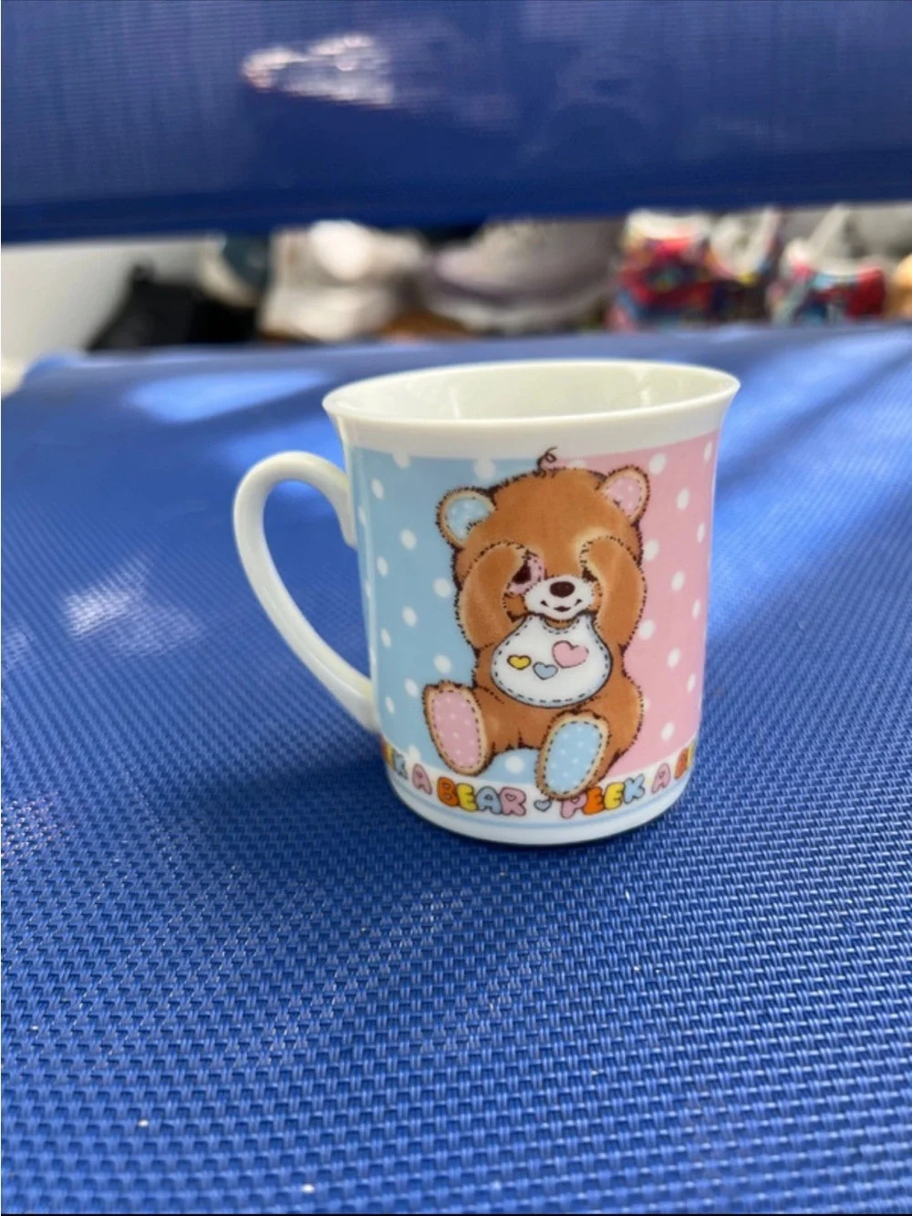 Enesco Brown Bear Ceramic Cup with Blue and Pink Panels vintage